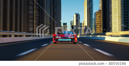 Unbrand red sport car driving fast on the high speed overpass road 80550190