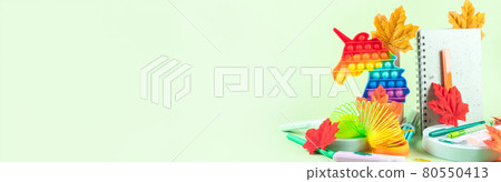 Colorful stationery copybooks set on green with autumn leaves. Back to school 80550413