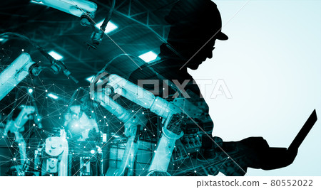 Mechanized industry of future factory double exposure image Mechanized industry of future factory double exposure image 80552022