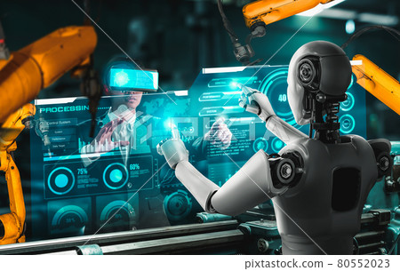 Mechanized industry robot and human worker working together in future factory Mechanized industry robot and human worker working together in future factory 80552023