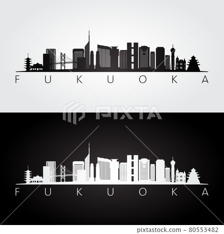 Fukuoka skyline and landmarks silhouette 80553482