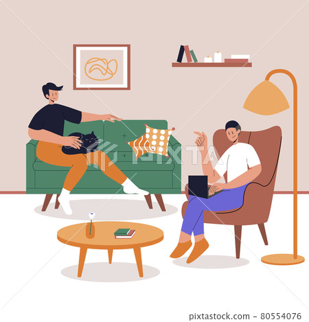 Young gay couple spend time together at home. A man sits on a sofa with a cat on her knees. Male Character Sitting on chair with Laptop. Home Office. Lifestyle after quarantine. Eps 10. Young gay couple spend time together at home. A man sits on a sofa with a cat on her knees. Male Character Sitting on chair with Laptop. Home Office. Lifestyle after quarantine. Eps 10. 80554076