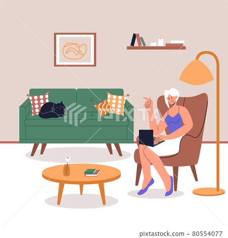 Female Character Sitting on chair with Laptop. The cat is sitting on the couch. Home Office. Lifestyle after quarantine. Eps 10. Female Character Sitting on chair with Laptop. The cat is sitting on the couch. Home Office. Lifestyle after quarantine. Eps 10. 80554077