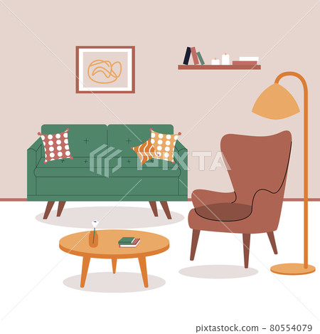 Interior of living room with stylish comfy furniture and home decorations in hygge style. Flat colorful Living room with green sofa and brown armchair. Vector illustration. Interior of living room with stylish comfy furniture and home decorations in hygge style. Flat colorful Living room with green sofa and brown armchair. Vector illustration. 80554079