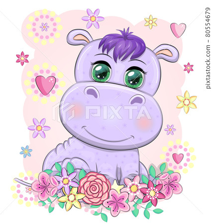 Cute hippo cartoon with beautiful eyes among flowers, hearts. print t-shirts, baby clothes fashion design, baby shower invitation card. Cute hippo cartoon with beautiful eyes among flowers, hearts. print t-shirts, baby clothes fashion design, baby shower invitation card. 80554679