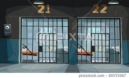 view on prison cells through metal bars 80555067