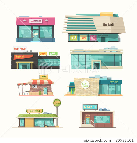 different front view stores in set isolated 80555101