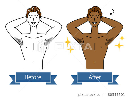 Illustration of a cute man before and after making a body on tan skin at a tanning salon Simple vector Illustration of a cute man before and after making a body on tan skin at a tanning salon Simple vector 80555501