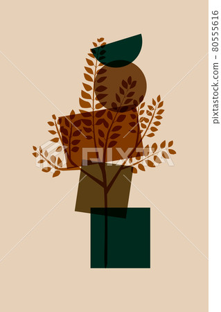 Meditation flat. Poster geometric shapes minimalist style overlay, plant tree. Vector illustration. Abstract rocks background. Stacked pebbles color drawing. Cool print tshirt design. Balance zen 80555616