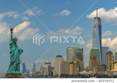 Panorama view of Statue of Liberty with Manhattan downtown skyscraper in lower Manhattan, New York City, USA Panorama view of Statue of Liberty with Manhattan downtown skyscraper in lower Manhattan, New York City, USA 80556032
