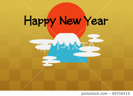 New Year's card template Mt. Fuji and first sunrise checkered pattern horizontal position with greetings New Year's card template Mt. Fuji and first sunrise checkered pattern horizontal position with greetings 80556418