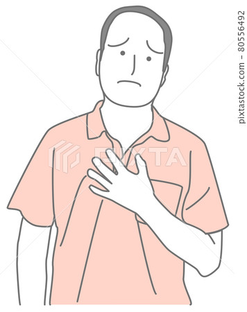 Illustration of a bald man in a shirt holding his chest 80556492