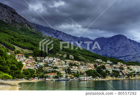 Croatian beach and Adriatic Sea in Brela, Makarska Riviera, Dalmatia, Croatia Croatian beach and Adriatic Sea in Brela, Makarska Riviera, Dalmatia, Croatia 80557292