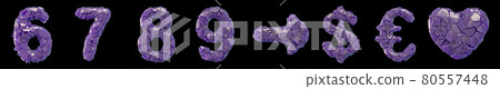 Symbol plastic set 6, 7, 8, 9, arrow, dollar, euro, heart made of 3d render plastic shards purple color. 80557448