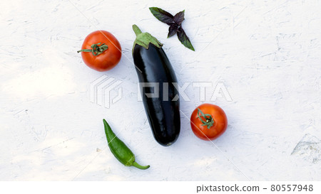 Fresh organic farm vegetables flat lay composition on rustic wooden background, top view 80557948
