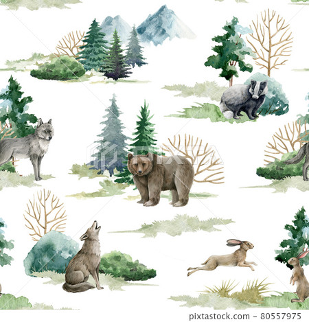 Wild forest animals seamless pattern. Watercolor image. Hand drawn forest bear, wolf, rabbit, badger,fir trees, mountains. Seamless pattern for fabric, paper, tixtile print. White background 80557975