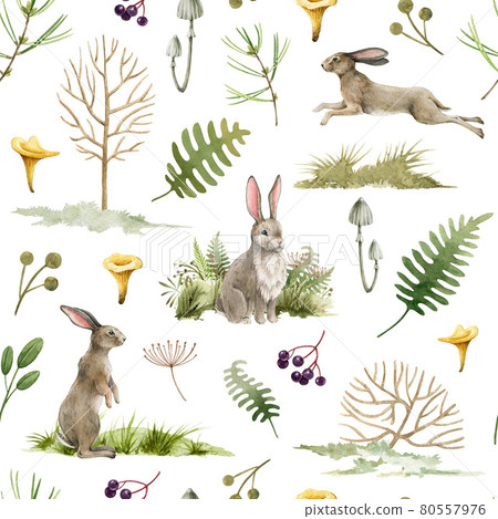 Rabbits wild forest herbs seamless pattern. Watercolor image. Hand drawn natural wild herbs, bunny, herbs, fern, mushrooms. Seamless pattern for fabric, paper, tixtile print. White background 80557976