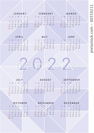 2022 calendar template on purple abstract background with translucent triangles. Calendar design for print and digital. Week starts on Sunday 80558211