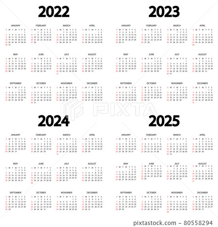 Calendar 2022, 2023, 2024, 2025 year. The week starts on Sunday. Annual calendar template. Yearly English calendar. Yearly organizer in minimal design. Portrait orientation 80558294