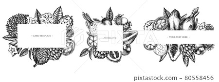 Frames with black and white papaya, guava, passion fruit, starfruit, durian, rambutan, pitaya 80558456