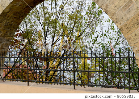 The port's cargo cranes are visible through the iron bars. 80559833