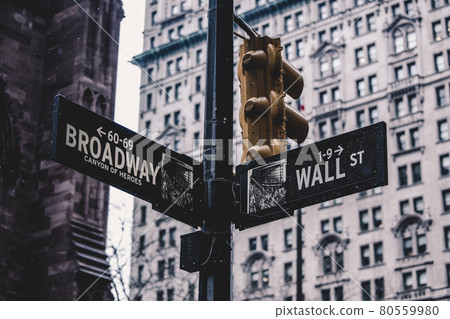 Wall St. street sign in lower Manhattan, New York City. 80559980