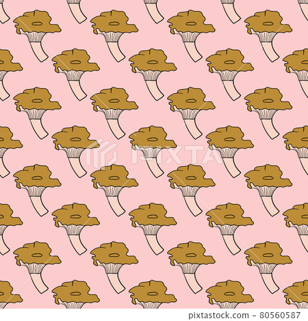 Forest autumn food seamless pattern with ocher simple cantharellus cibarius mushroom ornament. Pink background. 80560587