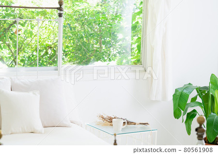 Beautiful fresh green seen from the white bed and window 80561908