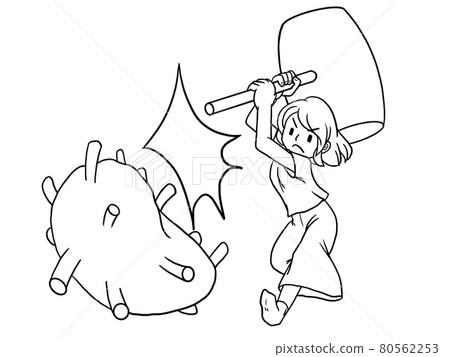 Line drawing illustration of a woman hitting a virus with a hammer Line drawing illustration of a woman hitting a virus with a hammer 80562253