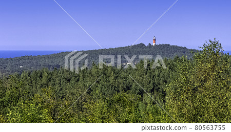Panoramic view of Polish seacoast with lighthouse in background - Stilo, Pomerania, Poland Panoramic view of Polish seacoast with lighthouse in background - Stilo, Pomerania, Poland 80563755