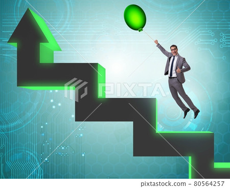 Businessman flying on hot balloon over graph Businessman flying on hot balloon over graph 80564257