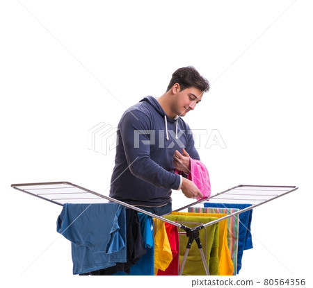 Husband man doing laundry isolated on white Husband man doing laundry isolated on white 80564356