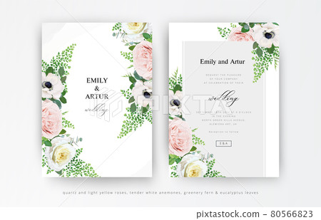 Vector floral wedding invitation, invite, save the date card set. Dusty pink and light yellow roses, white anemone, fern leaves, eucalyptus greenery bouquet decorative frame. Elegant editable template Vector floral wedding invitation, invite, save the date card set. Dusty pink and light yellow roses, white anemone, fern leaves, eucalyptus greenery bouquet decorative frame. Elegant editable template 80566823