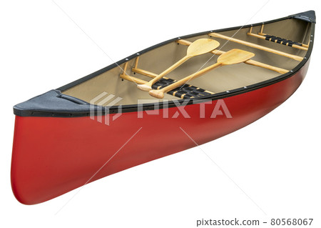 red canoe with wooden paddles 80568067