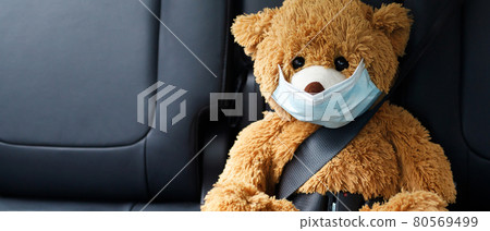 A brown teddy bear wearing a mask sits in the car. 80569499
