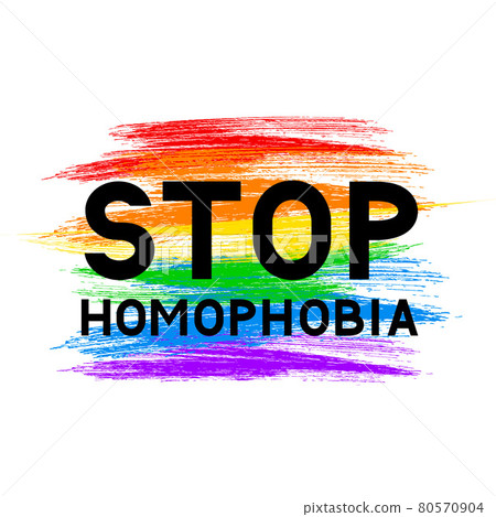 Stop homophobia lettering on LGBT community flag. Symbol of gay pride. Grunge brush strokes texture the colors of the rainbow. International Day Against Homophobia vector illustration. Stop homophobia lettering on LGBT community flag. Symbol of gay pride. Grunge brush strokes texture the colors of the rainbow. International Day Against Homophobia vector illustration. 80570904