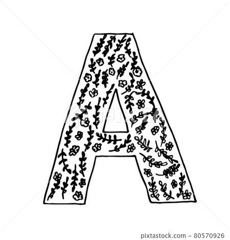 Hand drawn letter A. Sketched letter with decorative floral elements. Easy to edit vector template for your designs. 80570926