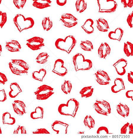 Seamless pattern red lipstick kisses and hearts on white background. Lips prints vector illustration. Perfect for Valentines day greeting card, textile design, wrapping paper, cosmetics package, etc. Seamless pattern red lipstick kisses and hearts on white background. Lips prints vector illustration. Perfect for Valentines day greeting card, textile design, wrapping paper, cosmetics package, etc. 80571503