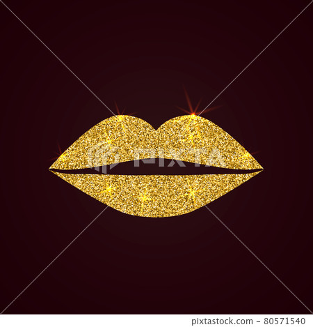 Sparkling olden lips on dark background. Shiny gold glitter lip icon. Woman s mouth. Glamour fashion vector illustration Sparkling olden lips on dark background. Shiny gold glitter lip icon. Woman s mouth. Glamour fashion vector illustration 80571540