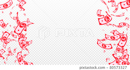 British pound notes falling. Random GBP bills on transparent background. United Kingdom money. Beauteous vector illustration. Overwhelming jackpot, wealth or success concept. 80573327