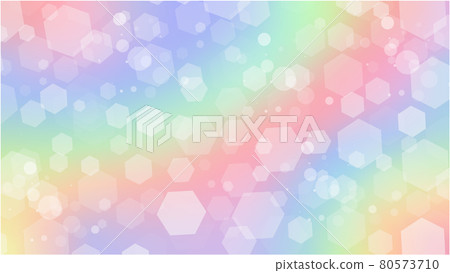 Rainbow fantasy background. Holographic illustration in pastel colors. Cute cartoon girly background. Bright multicolored sky with hexagons and bokeh. Vector. 80573710