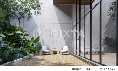 Wooden terrace between glass wall and green garden 3d render 80573839