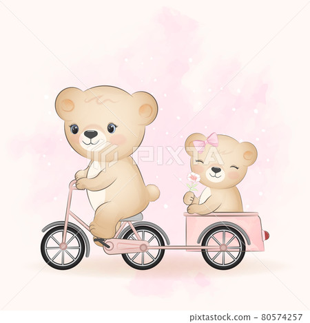Cute bear riding a bicycle with little bear in trailer Cute bear riding a bicycle with little bear in trailer 80574257