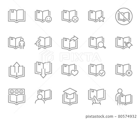 Set of open book line icons. E-book, web library, online instruction, bookcrossing and more. 80574932