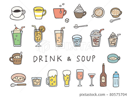 Hand-drawn illustrations of various drinks (color) 80575704