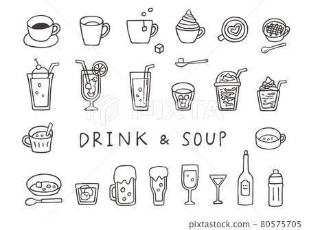 Hand-drawn illustrations of various drinks (monochrome) 80575705