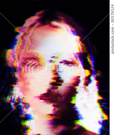 Glitch. Woman's face on the glitched screen. Glitch. Woman's face on the glitched screen. 80576524