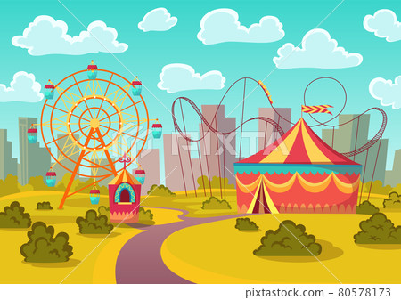 Amusement park attractions with merry-go-round horseabout carousel, observation wheel and roller coaster amusement rides. City landscape on background Amusement park attractions with merry-go-round horseabout carousel, observation wheel and roller coaster amusement rides. City landscape on background 80578173
