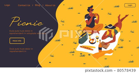 Picnic in park, couple on blanket with food web Picnic in park, couple on blanket with food web 80578439