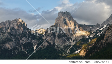 Peaks of Albanian mountain ridge in Valbone valley 80578545